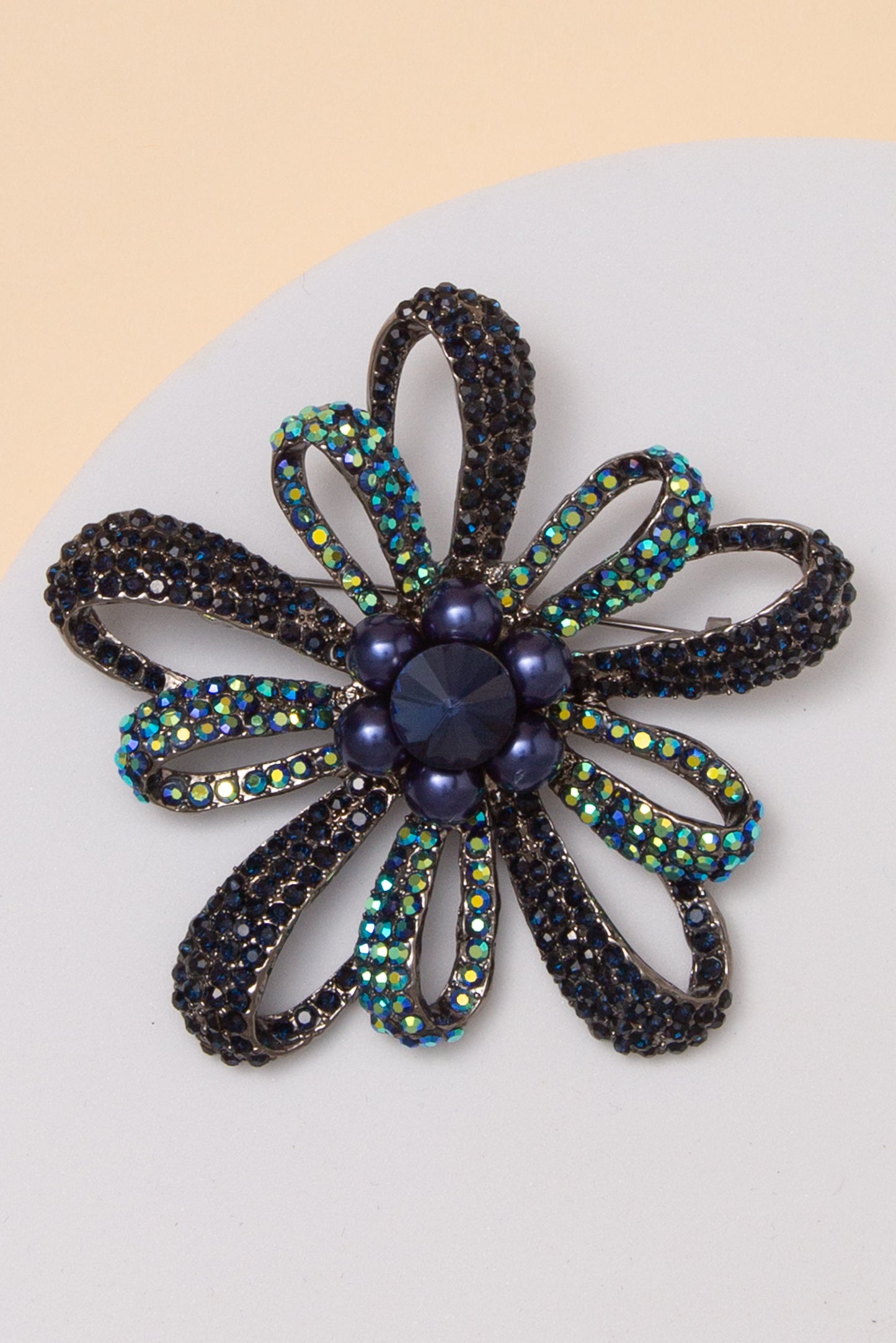 Mila Floral Crystal Rhinestone Brooch Pin with Open Loop Petal