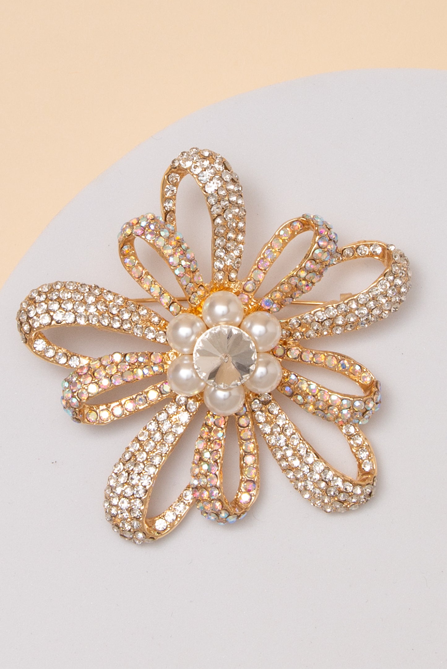Mila Floral Crystal Rhinestone Brooch Pin with Open Loop Petal