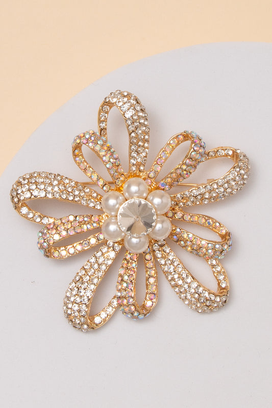 Mila Floral Crystal Rhinestone Brooch Pin with Open Loop Petal | Gold Pearl
