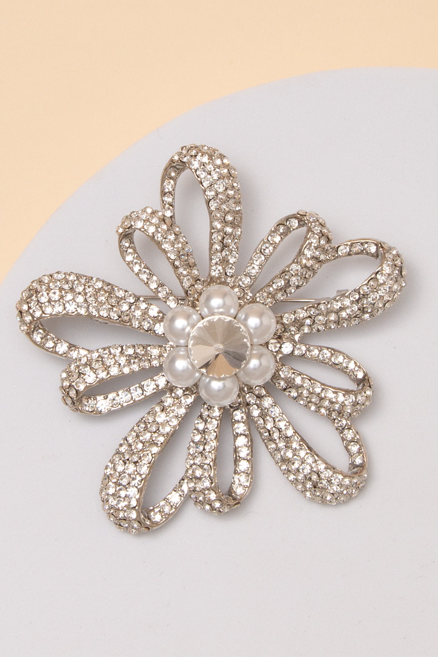 Mila Floral Crystal Rhinestone Brooch Pin with Open Loop Petal