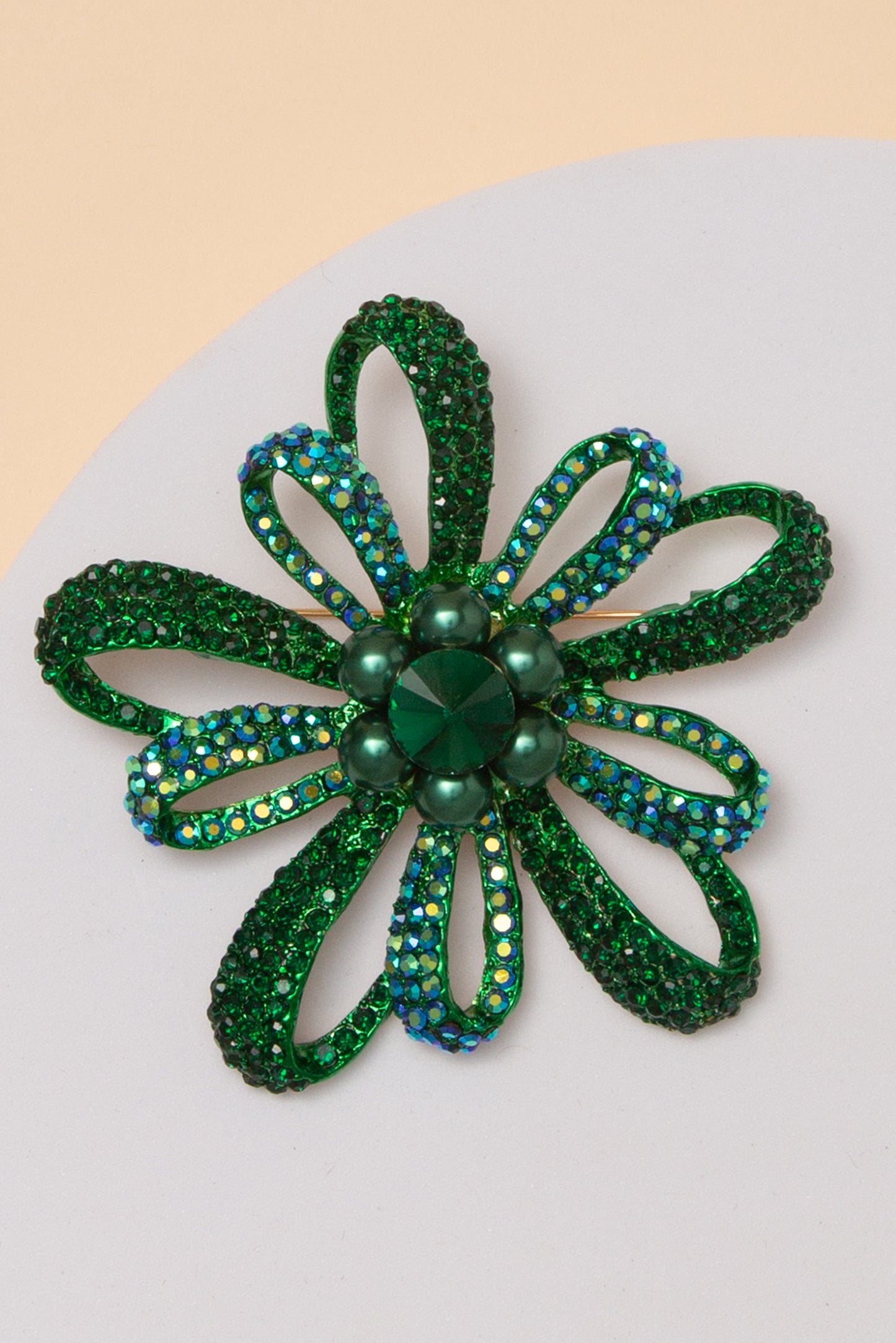 Mila Floral Crystal Rhinestone Brooch Pin with Open Loop Petal