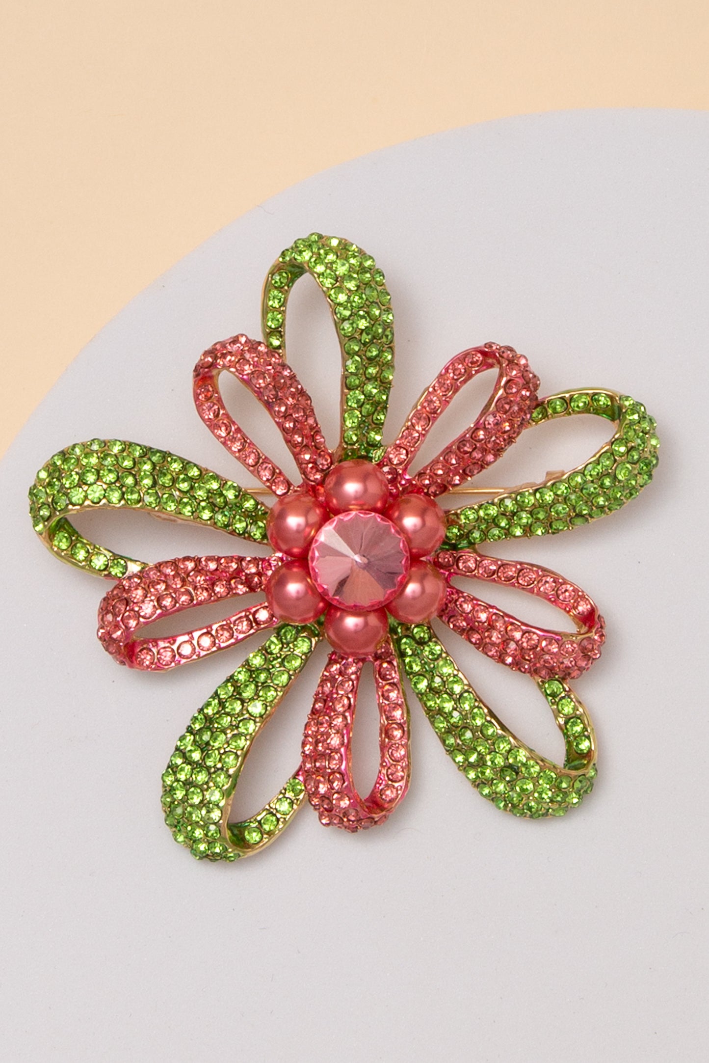 Mila Floral Crystal Rhinestone Brooch Pin with Open Loop Petal