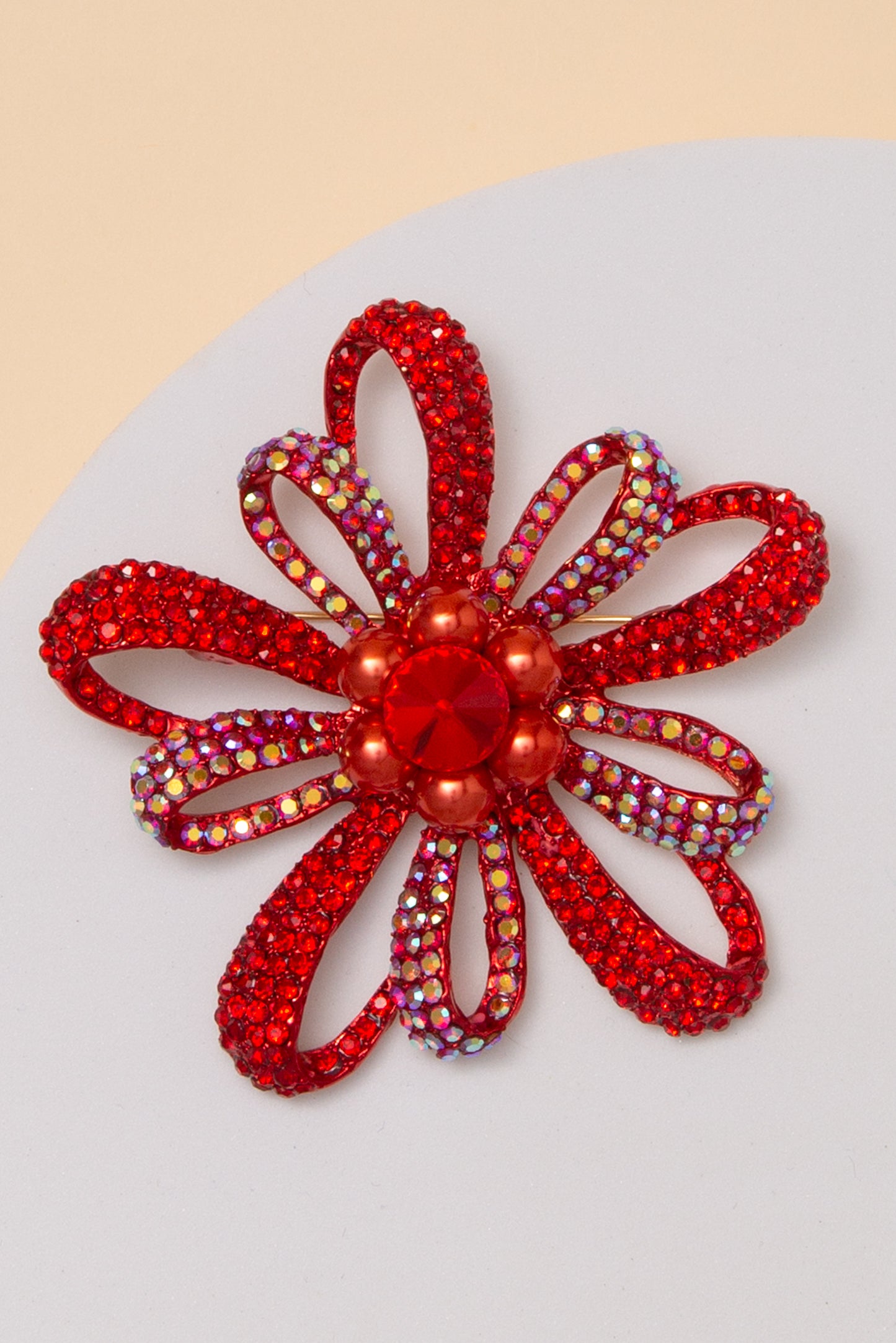 Mila Floral Crystal Rhinestone Brooch Pin with Open Loop Petal