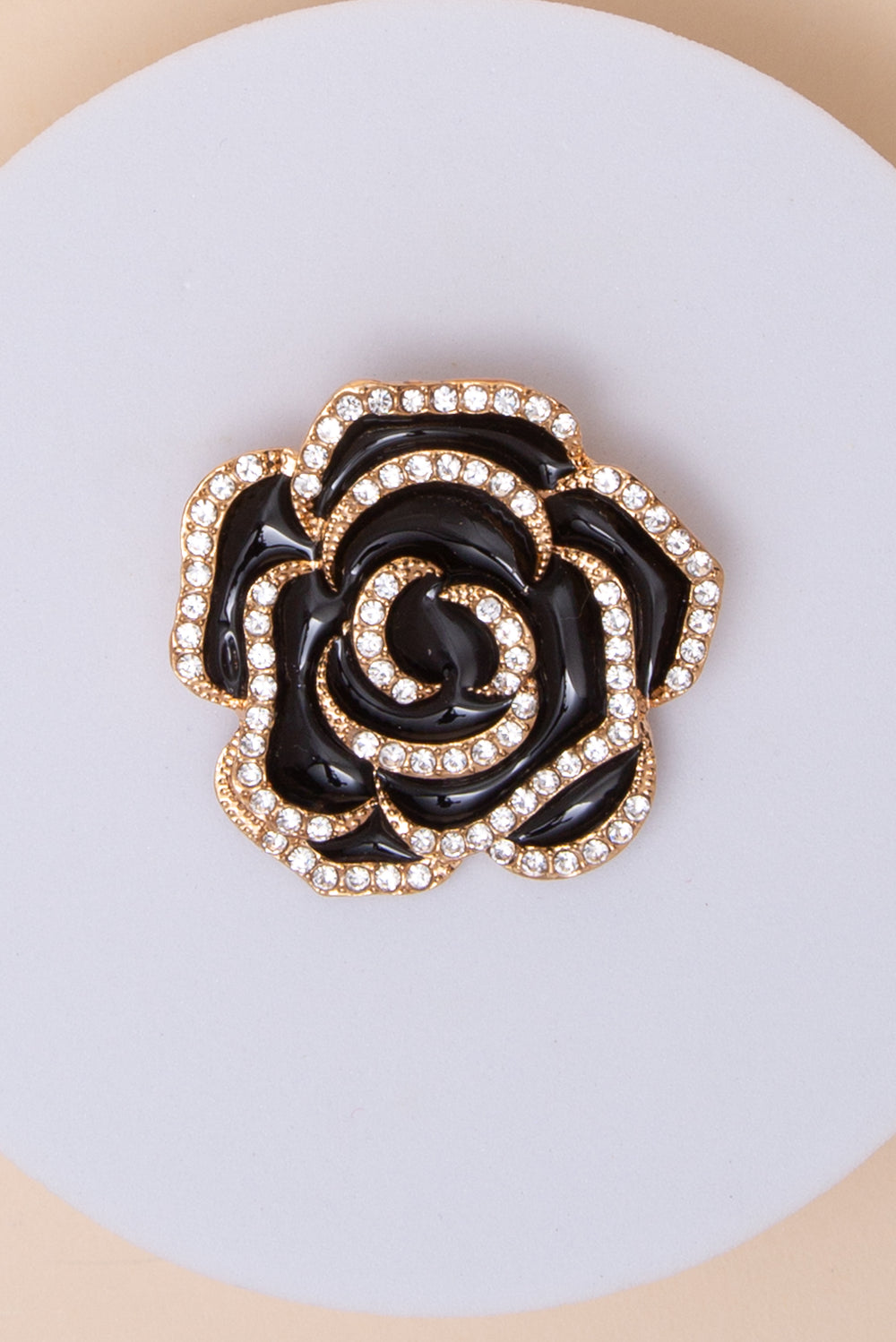 Genevieve Camellia Brooch Pin with Rhinestone Trim in Gold