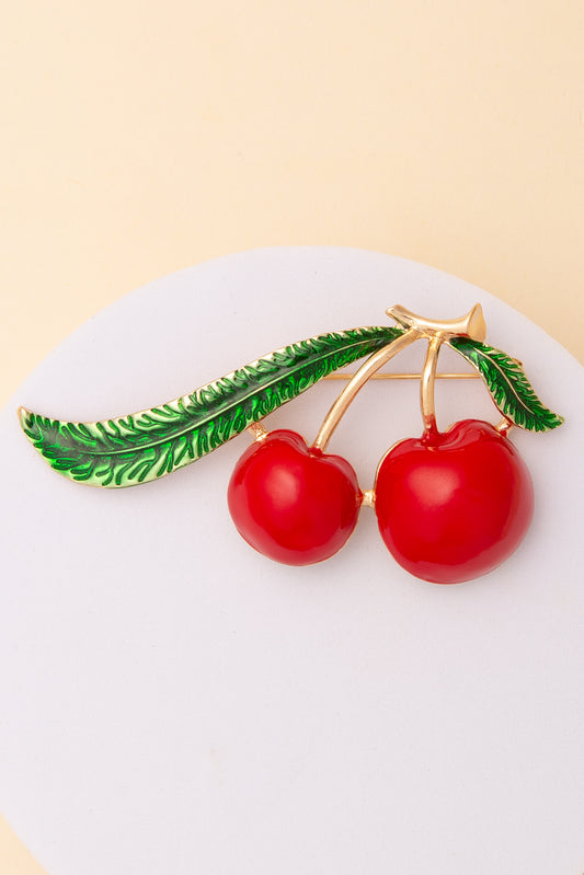 Mary Red Cherry Brooch Pin with Leaf Detail in Gold