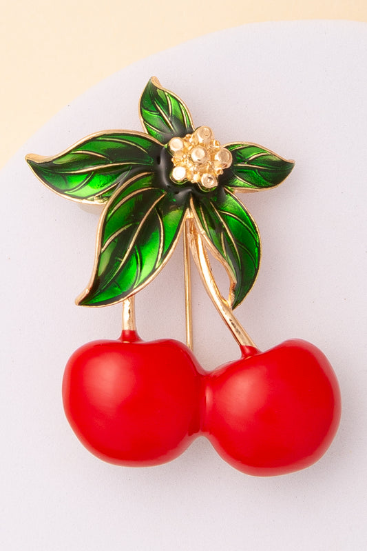 Hallie Red Cherry Brooch Pin with Leaf Detail in Gold