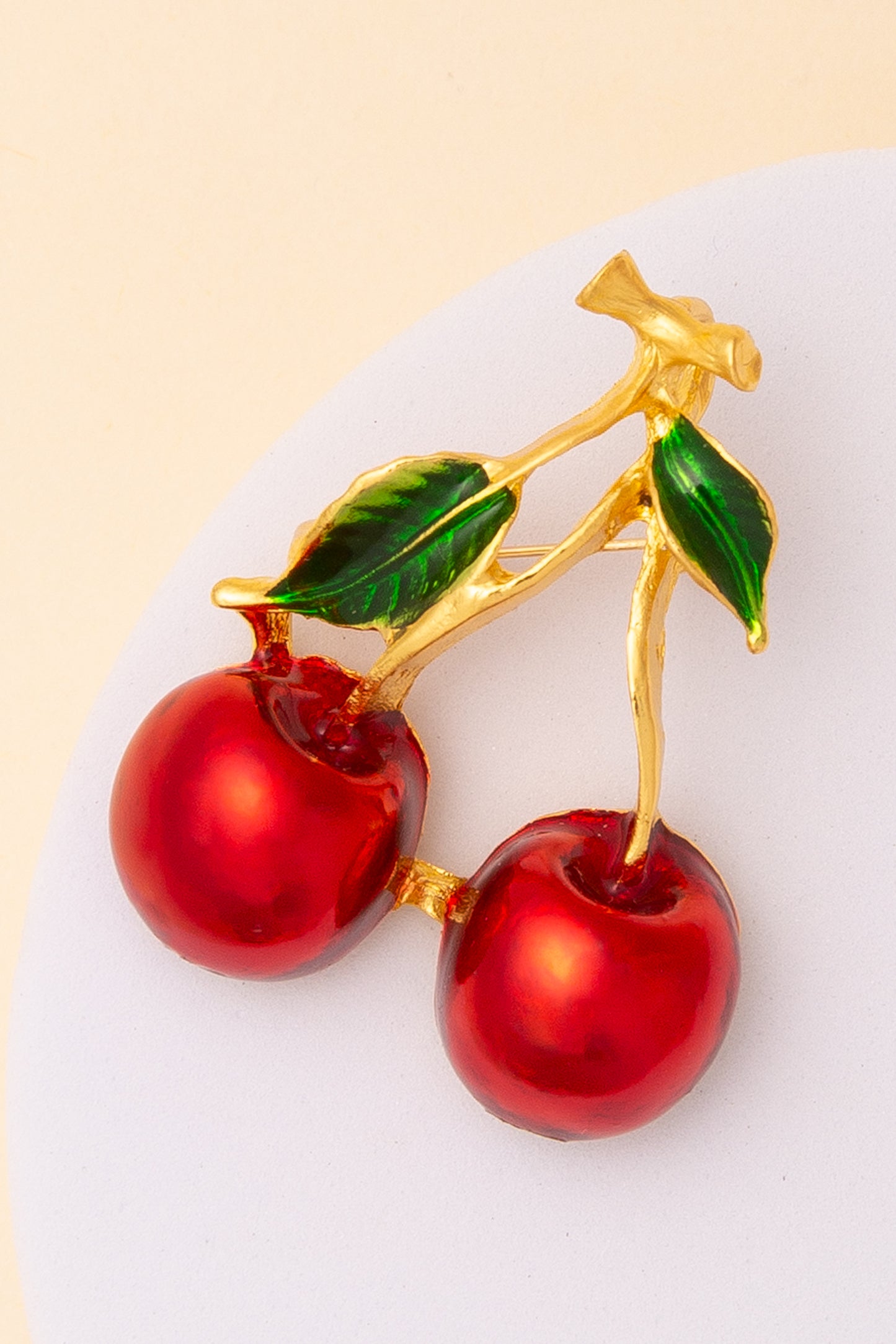 Genevieve Cherry Brooch Pin with Leaf Detail in Gold