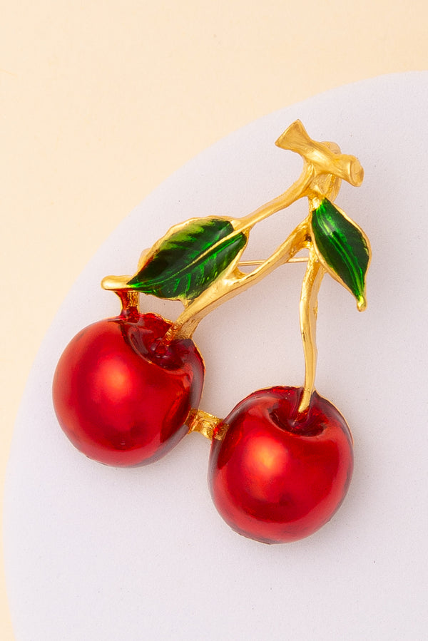Genevieve Cherry Brooch Pin with Leaf Detail in Gold