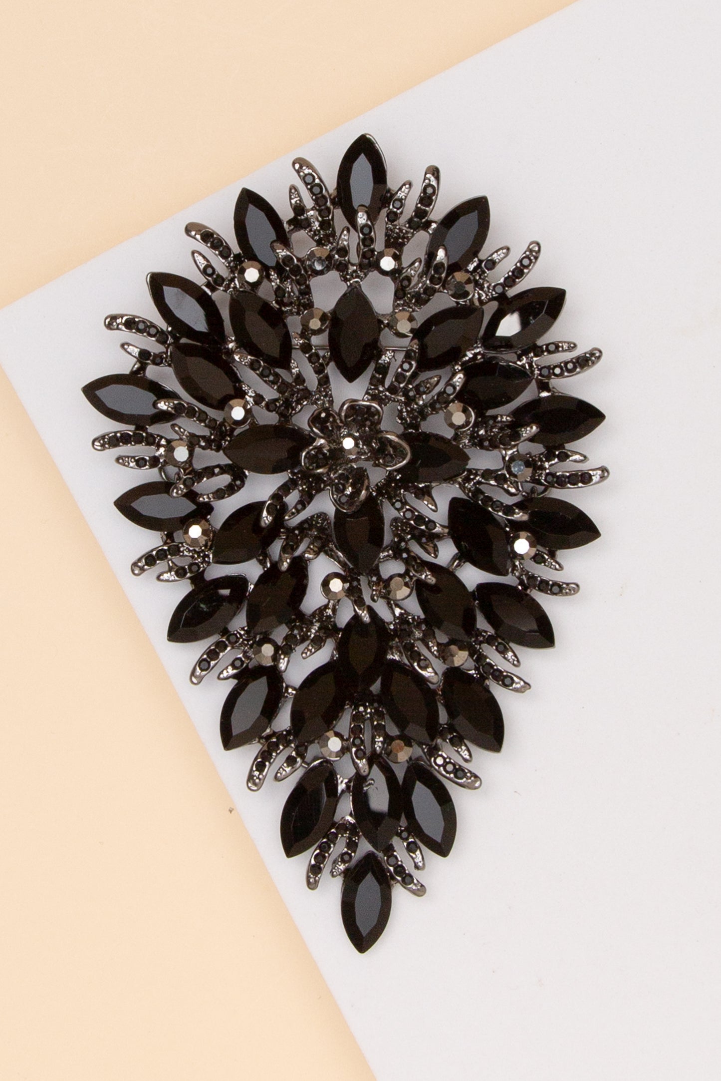 Eloise Crystal Rhinestone Cluster Pear Shaped Leaf Brooch Pin | Black