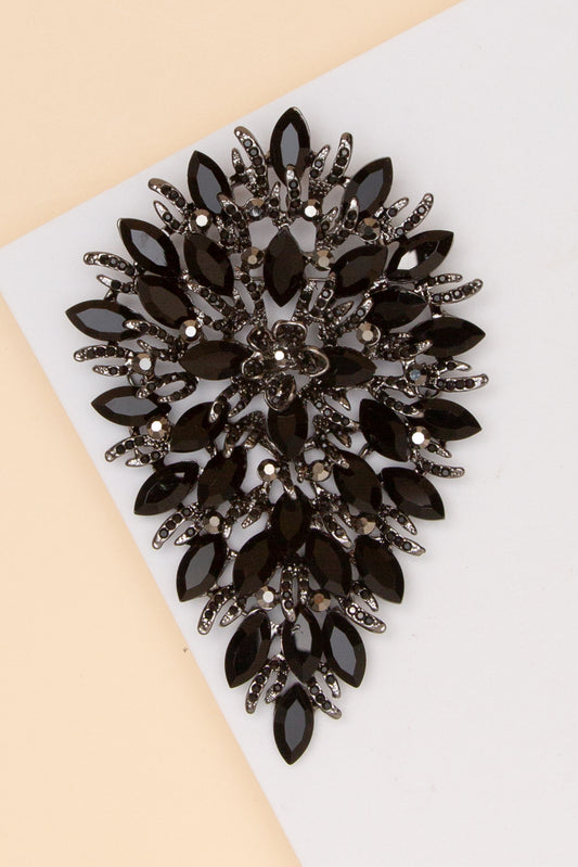 Eloise Crystal Rhinestone Cluster Pear Shaped Leaf Brooch Pin | Black