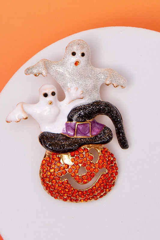 Raven Halloween Pin – Ghost with Witch Hat and Pumpkin and Accents