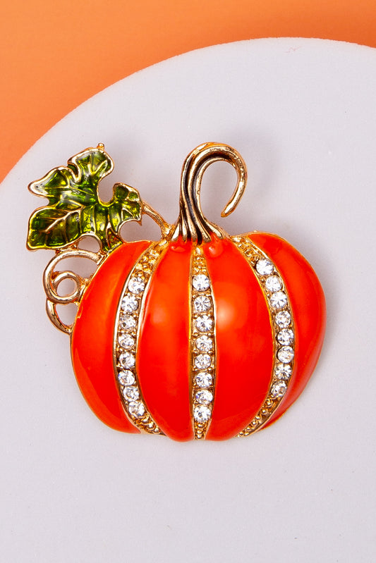 Veronica Halloween Pin – Pumpkin with Green Leaf and Rhinestones