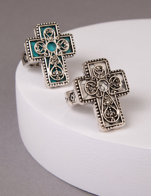 Harlow Western Turquoise Scrolled Filigree Cross Stretch Ring