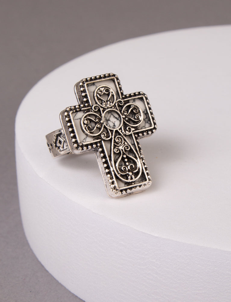 Harlow Western Turquoise Scrolled Filigree Cross Stretch Ring | Silver
