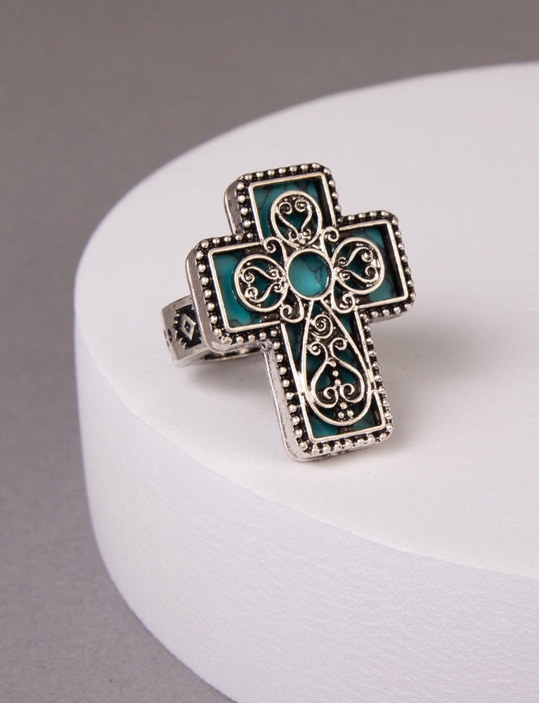 Harlow Western Turquoise Scrolled Filigree Cross Stretch Ring