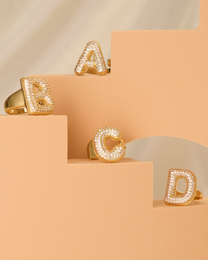 Lena 18K Yellow Gold-Plated Cubic Zirconia Pavé Bubble Letter Initial Gap Ring