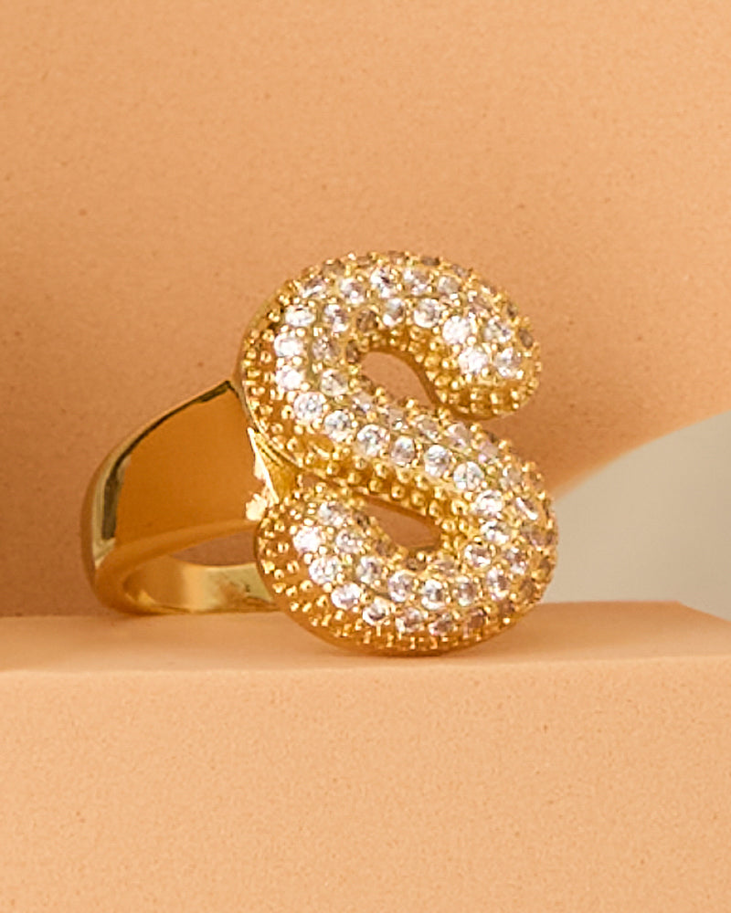 Lena 18K Yellow Gold-Plated Cubic Zirconia Pavé Bubble Letter Initial Gap Ring