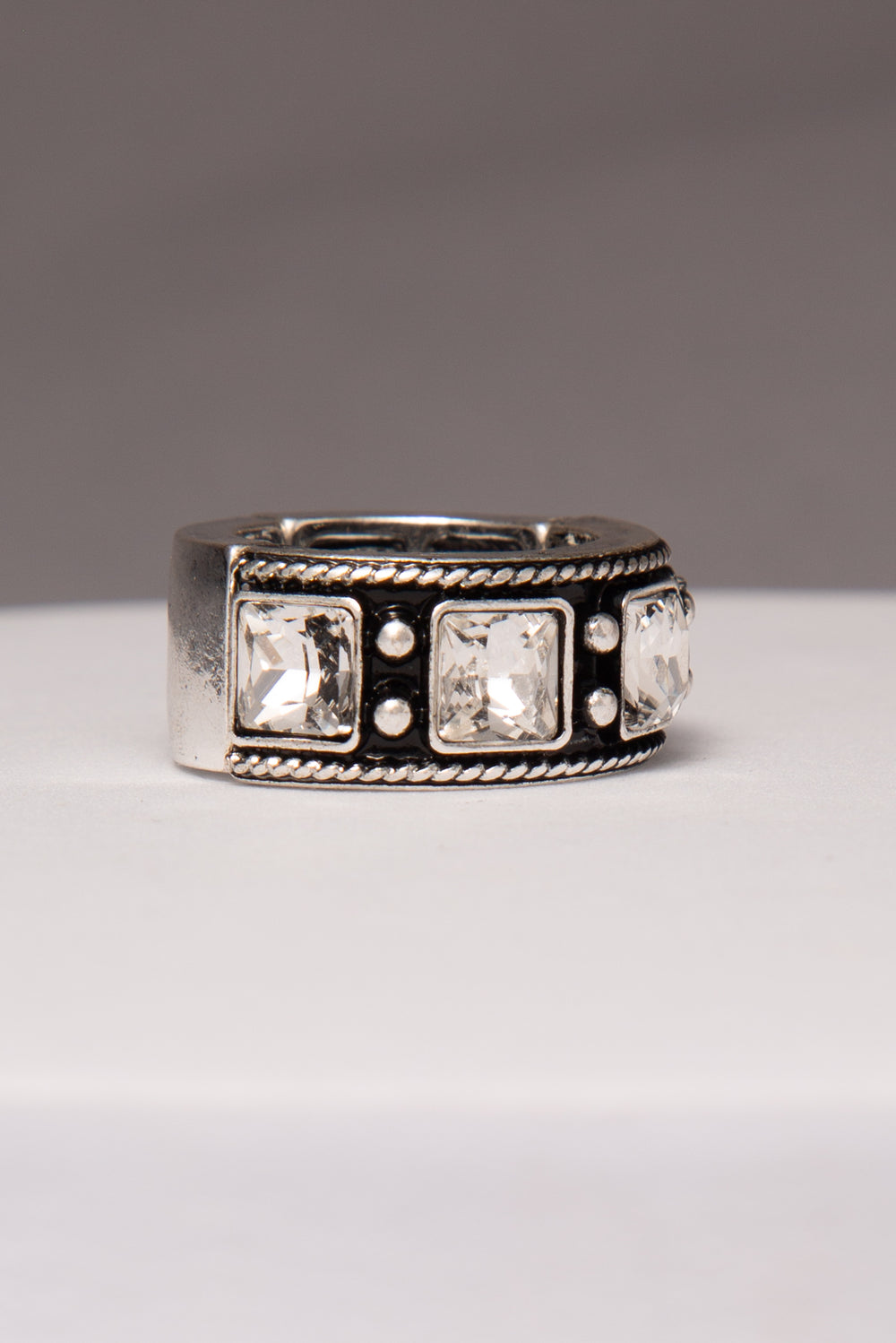 Cynthia Western Crystal Inlay Stretch Ring in Oxidized Silver