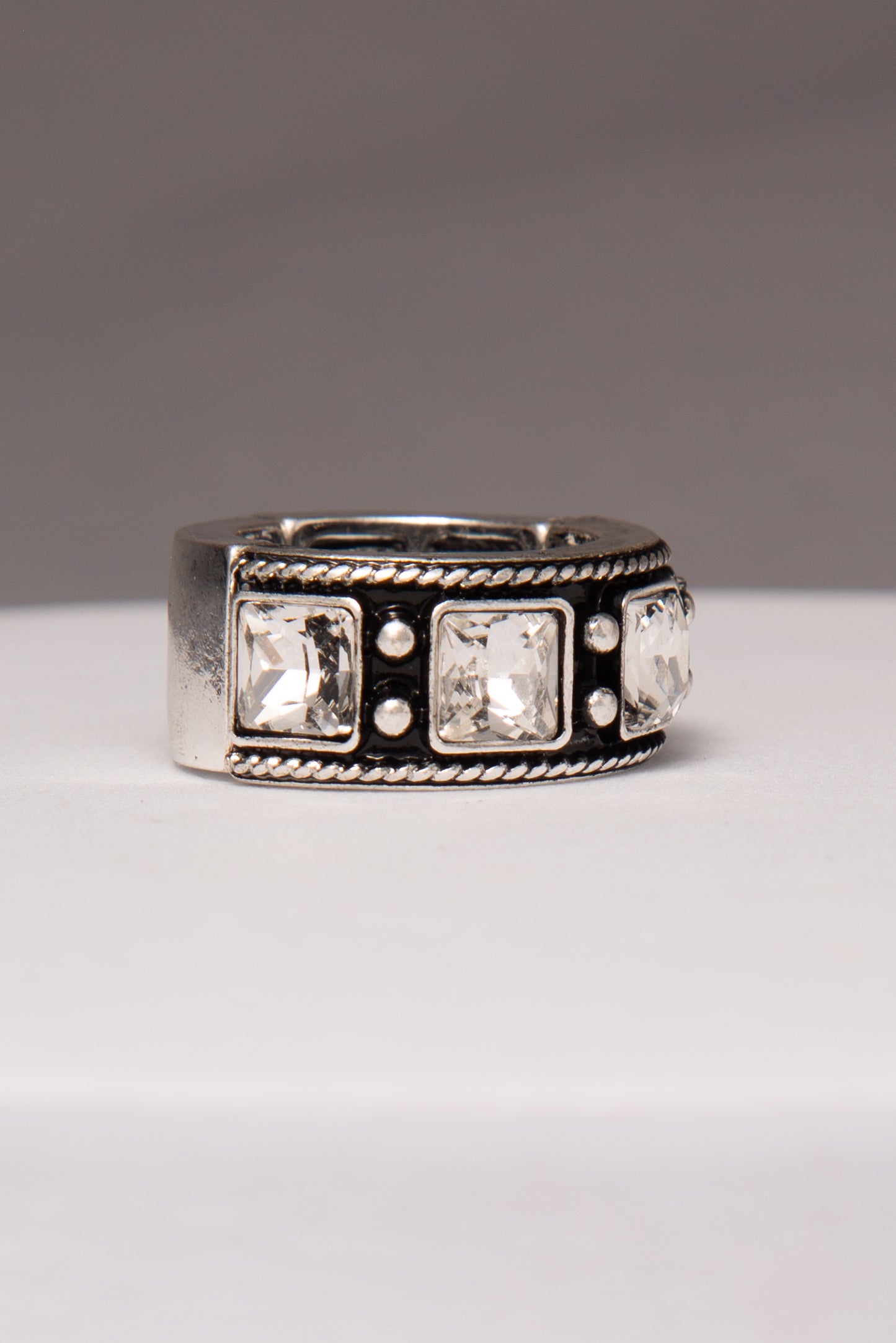 Cynthia Western Crystal Inlay Stretch Ring in Oxidized Silver