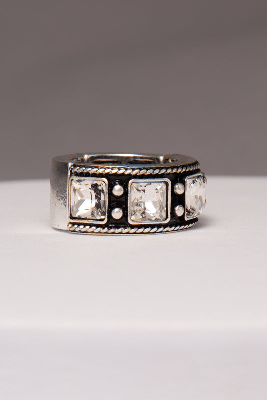 Cynthia Western Crystal Inlay Stretch Ring in Oxidized Silver