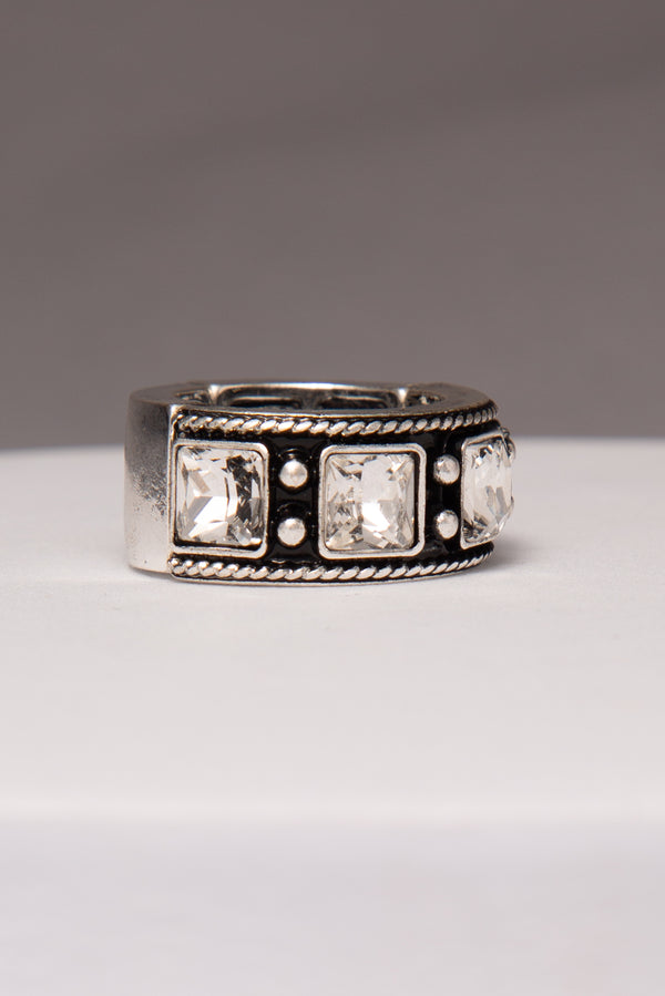 Cynthia Western Crystal Inlay Stretch Ring in Oxidized Silver