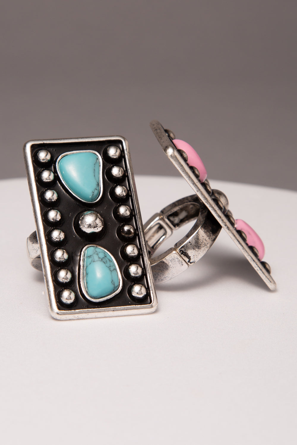 Robin Rectangle Concho Stretch Ring with Pink Stone or Turquoise