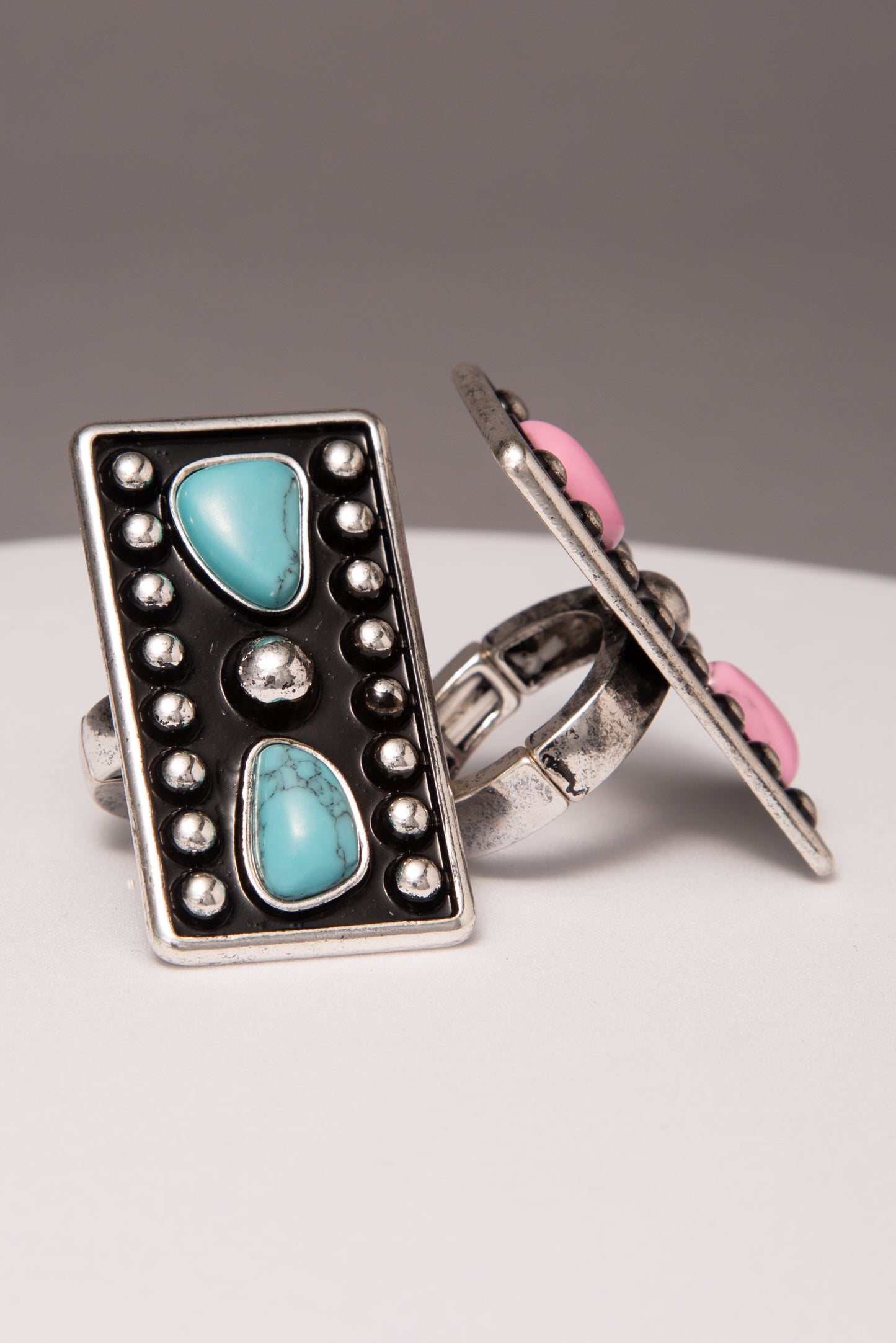 Robin Rectangle Concho Stretch Ring with Pink Stone or Turquoise