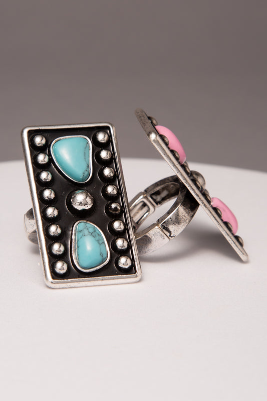 Robin Rectangle Concho Stretch Ring with Pink Stone or Turquoise