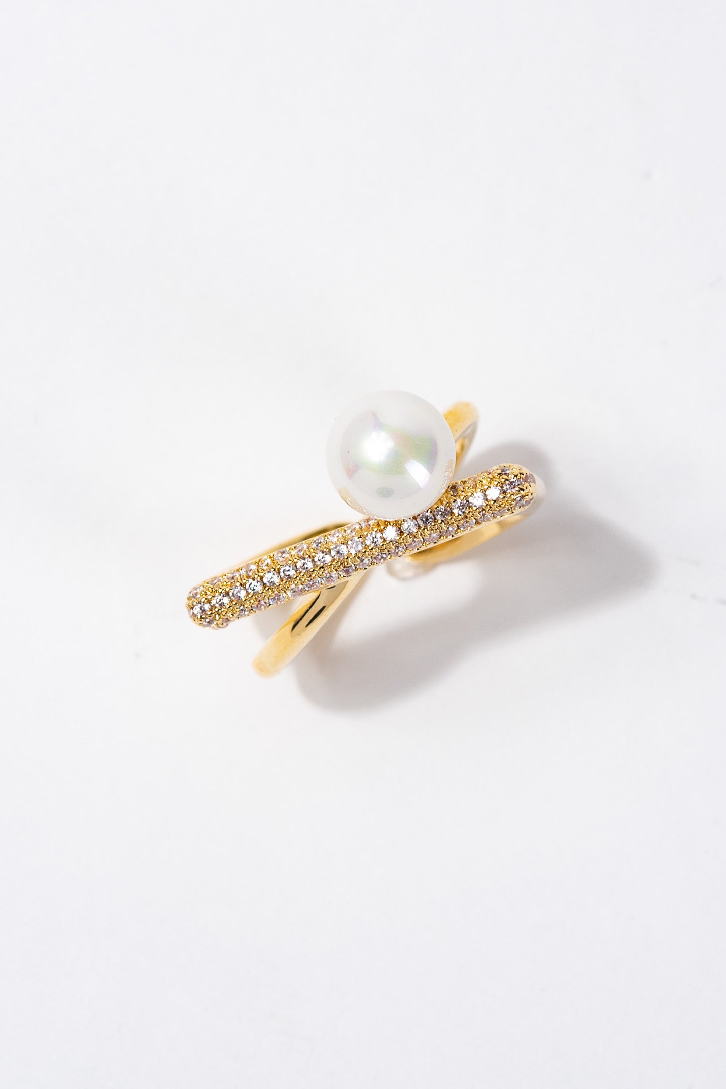 Millie Rhinestone Twist Pearl Adjustable Ring - Gold