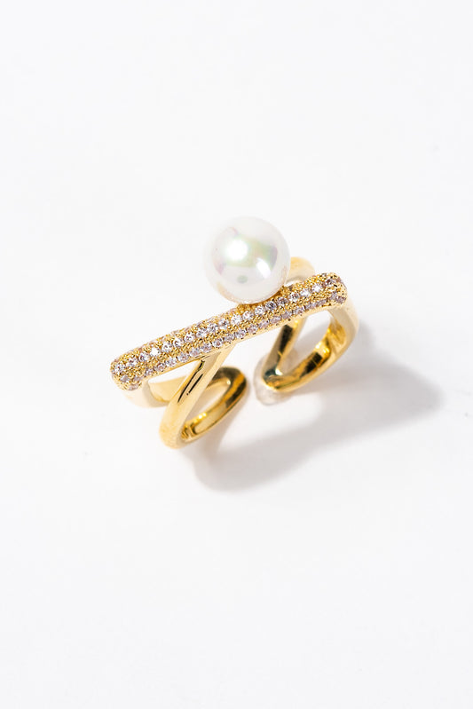 Millie Rhinestone Twist Pearl Adjustable Ring - Gold