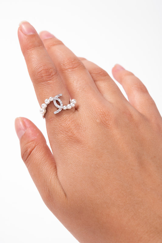 Annie Pearl Rhinestone Adjustable Ring - Silver