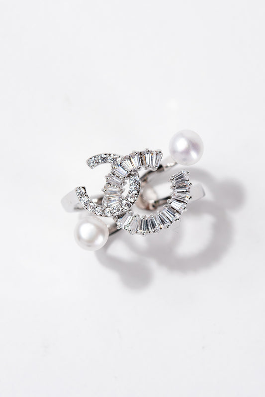 Evie Elegant Rhinestone Pearl Adjustable Ring - Silver