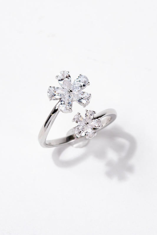 Celeste Rhinestone Floral Adjustable Ring - Silver