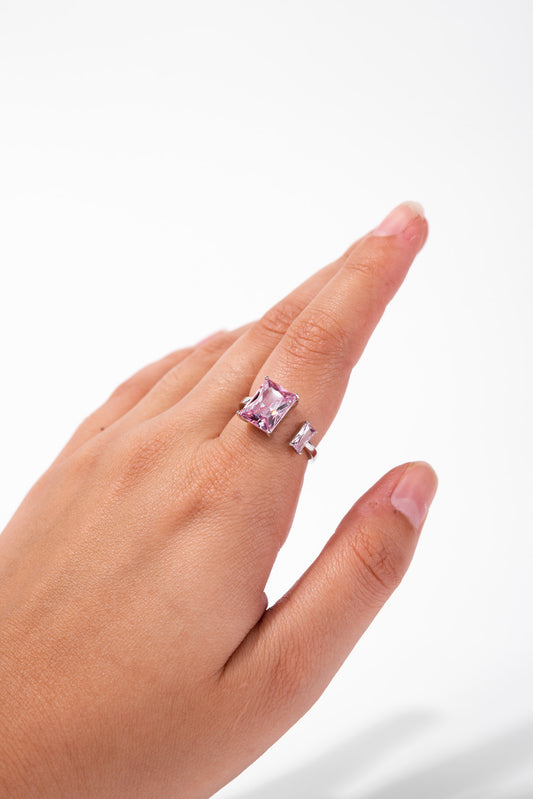 Poppy Square Rhinestone Adjustable Ring - Silver Pink
