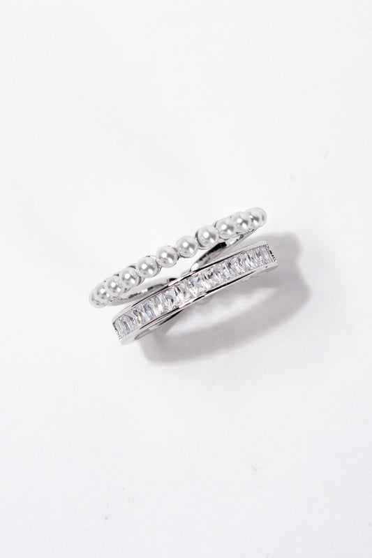 Aurore Pearl Rhinestone Baguette Adjustable Ring - Silver