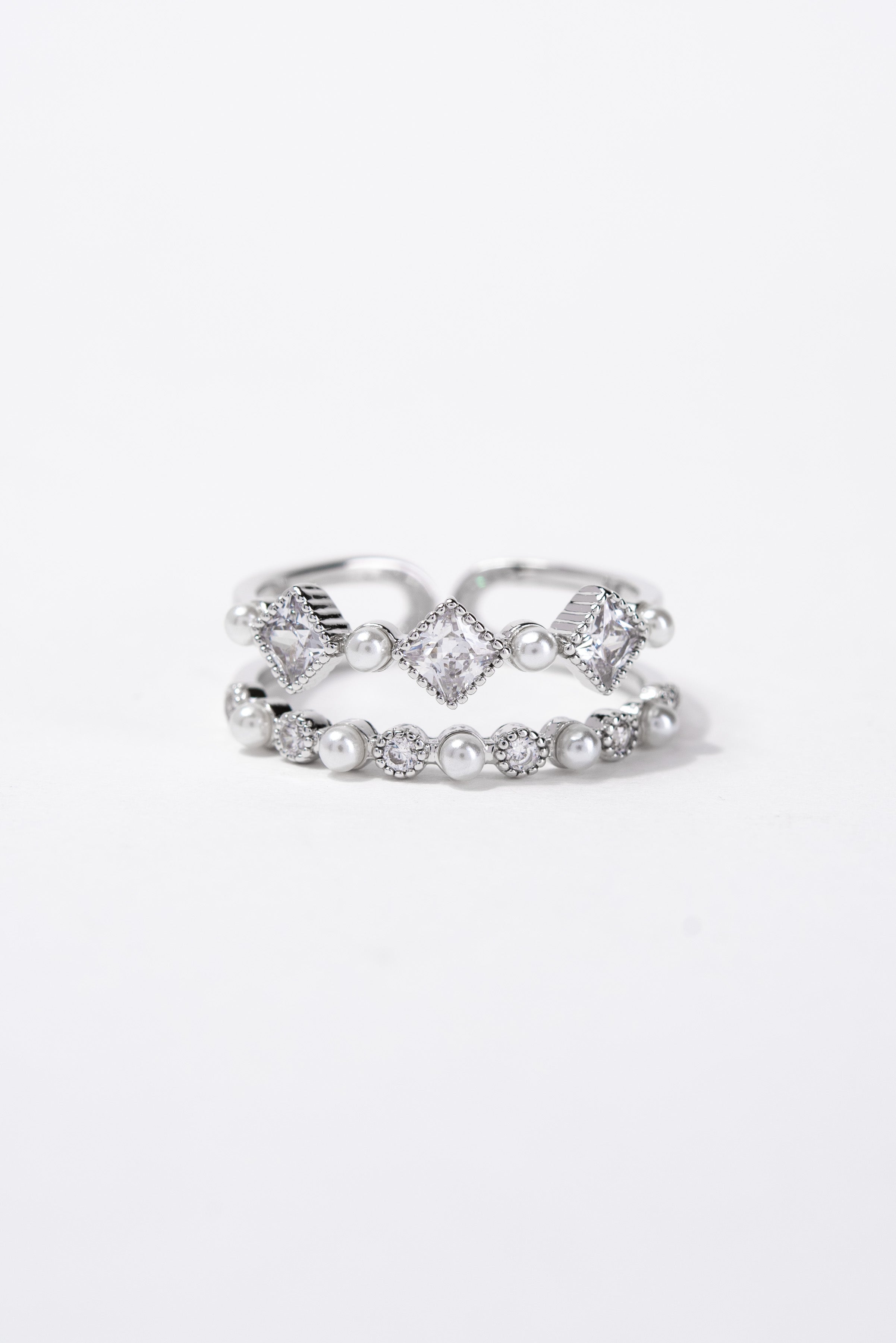 Genevie Double Row CZ Pearl Rhinestone Ring