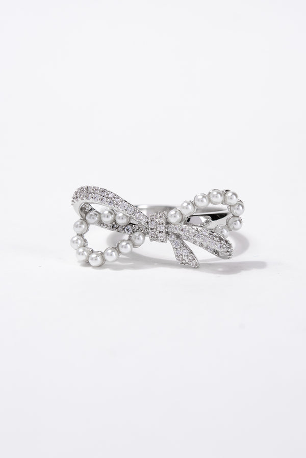 Allissa CZ Bow Pearl Rhinestone Ring