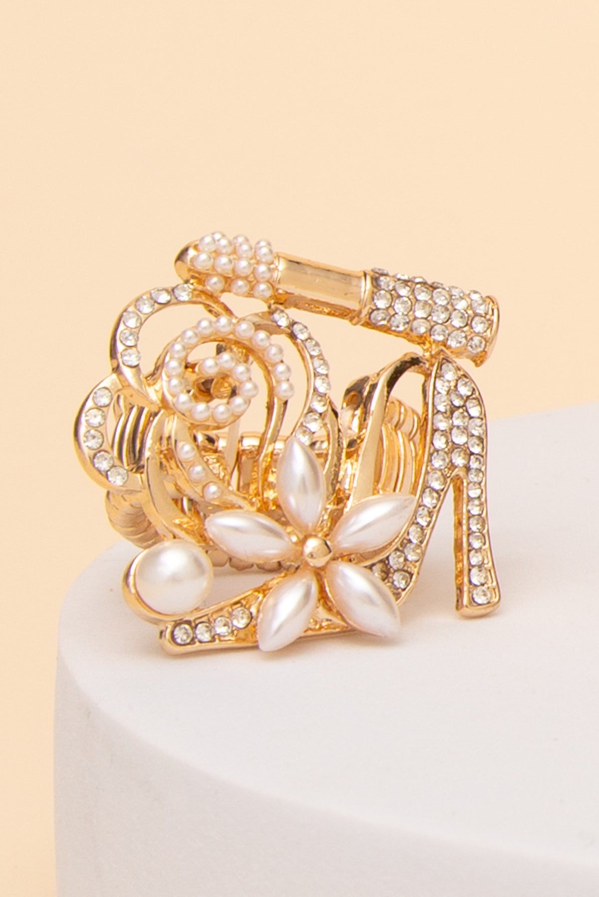 Emma Rhinestone Pavé Lipstick and High Heel Stretch Ring | Gold Pearl