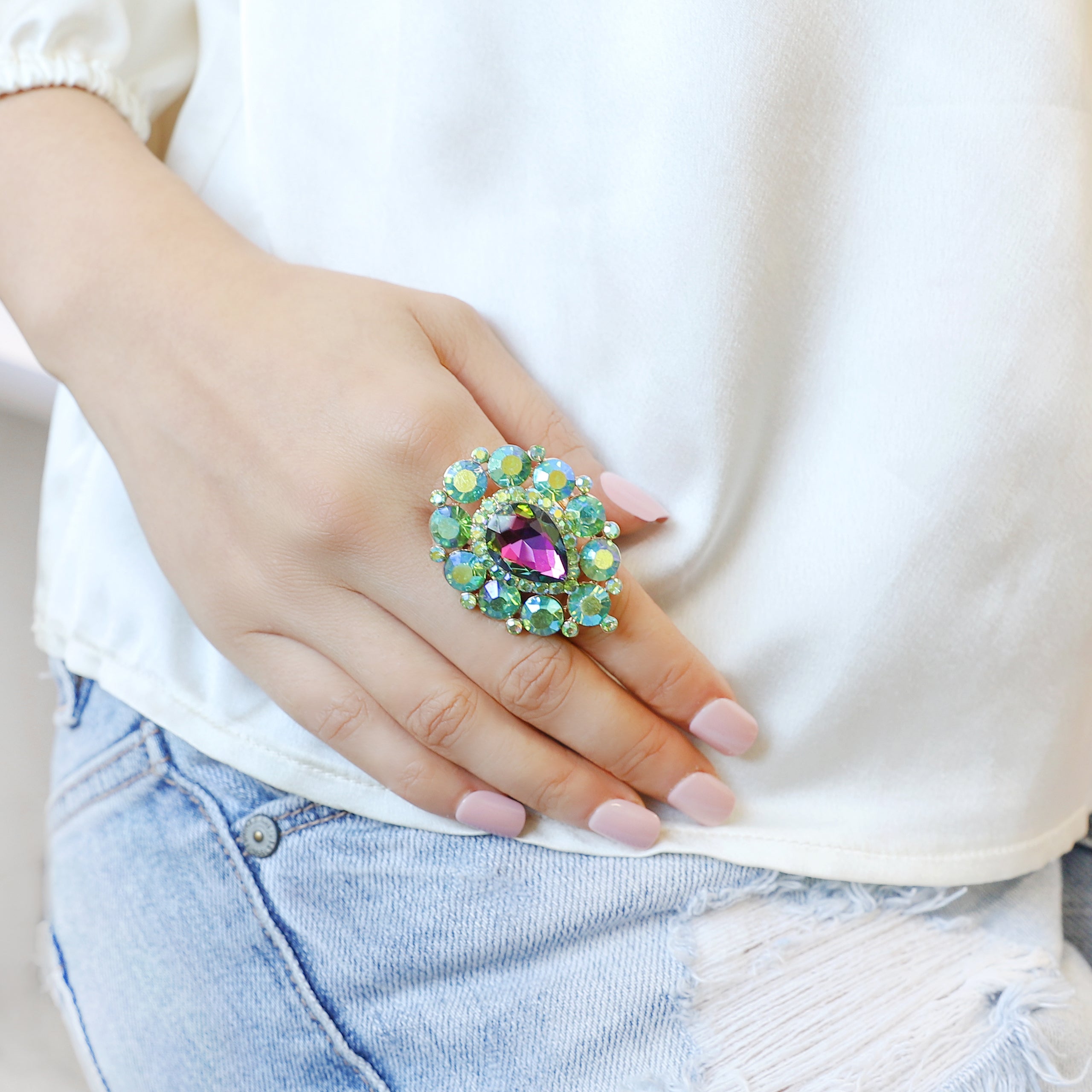 Belle Teardrop Rhinestone Stretch Ring | Green Rainbow