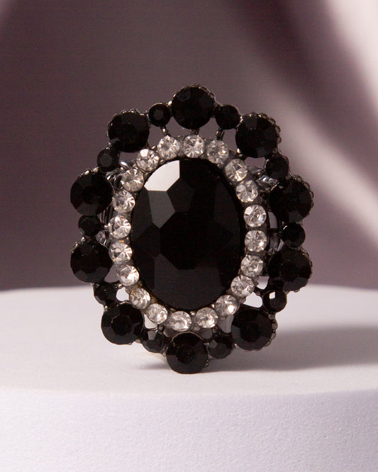 Celine Oval Crystal Sunburst Double Halo Stretch Ring | Black