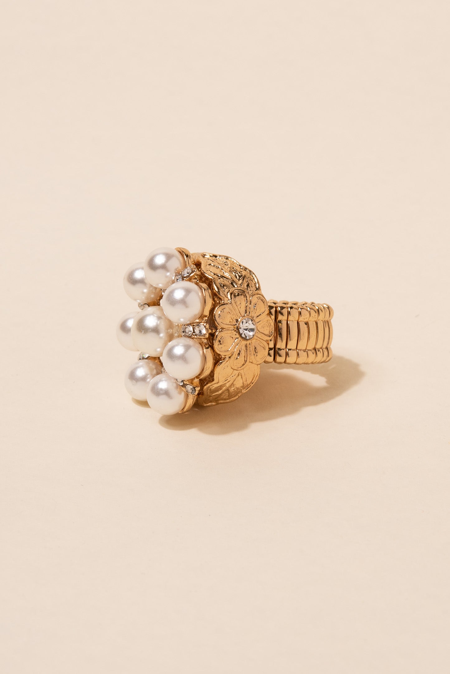 Crowned Jewel Pearl & Rhinestone Floral Stretch Ring - Gold