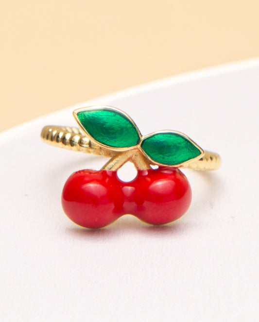 Nyra Red and Green Enamel Cherry Adjustable One Size Cuff Ring