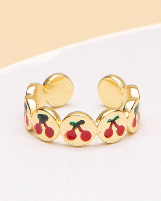 Leanna Red and Green Enamel Painted Cherry Adjustable One Size Ring