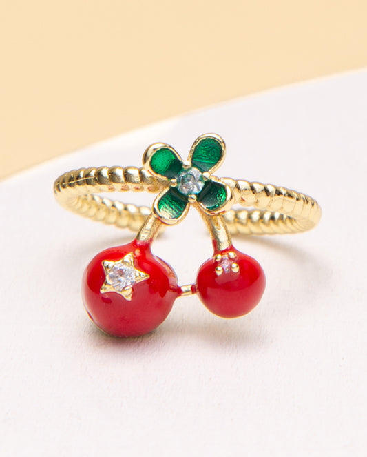 Natasha Embellished Enamel Cherry Adjustable One Size Cuff Ring