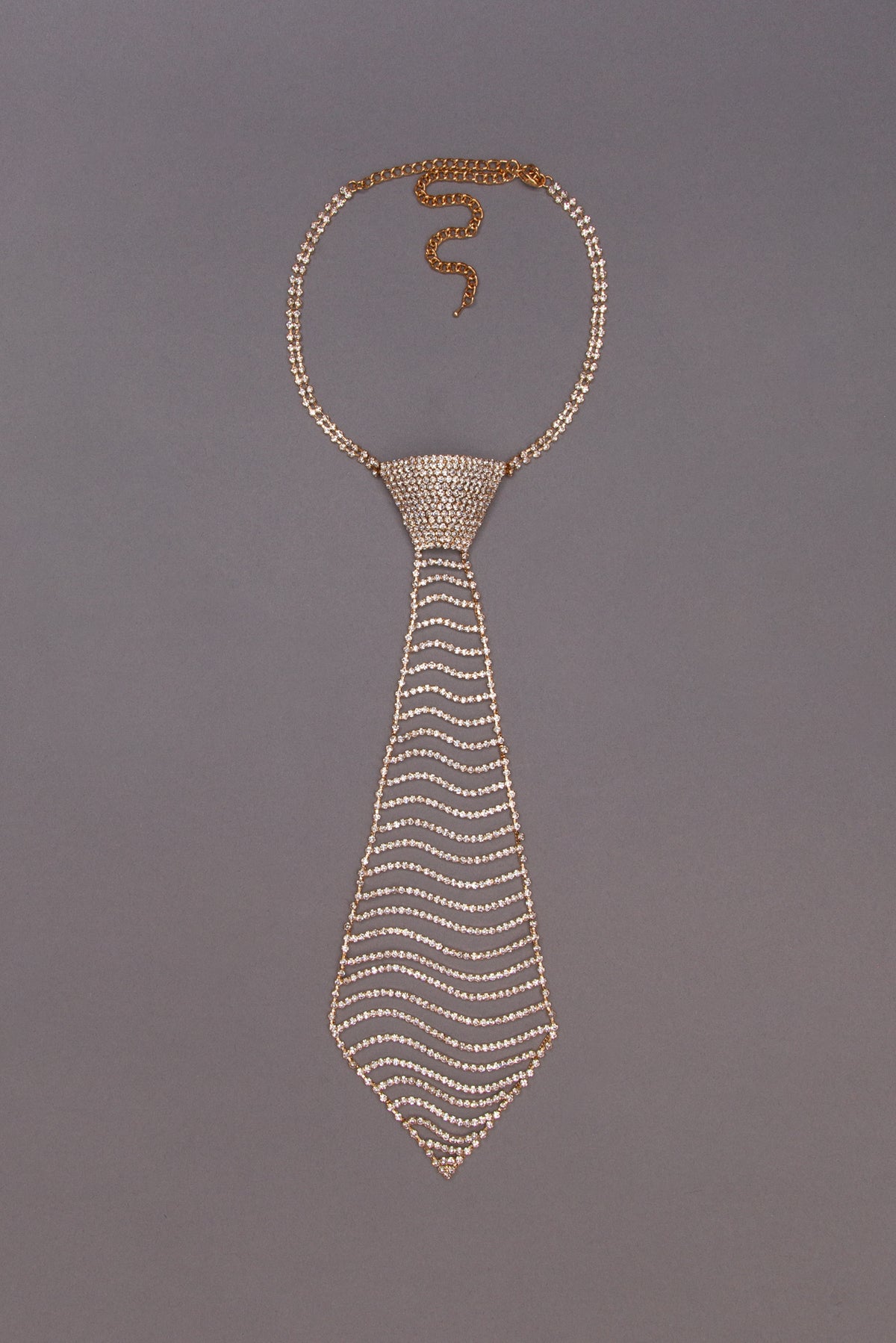 Audrey Large Wavey Rhinestone Tie Necklace | Gold