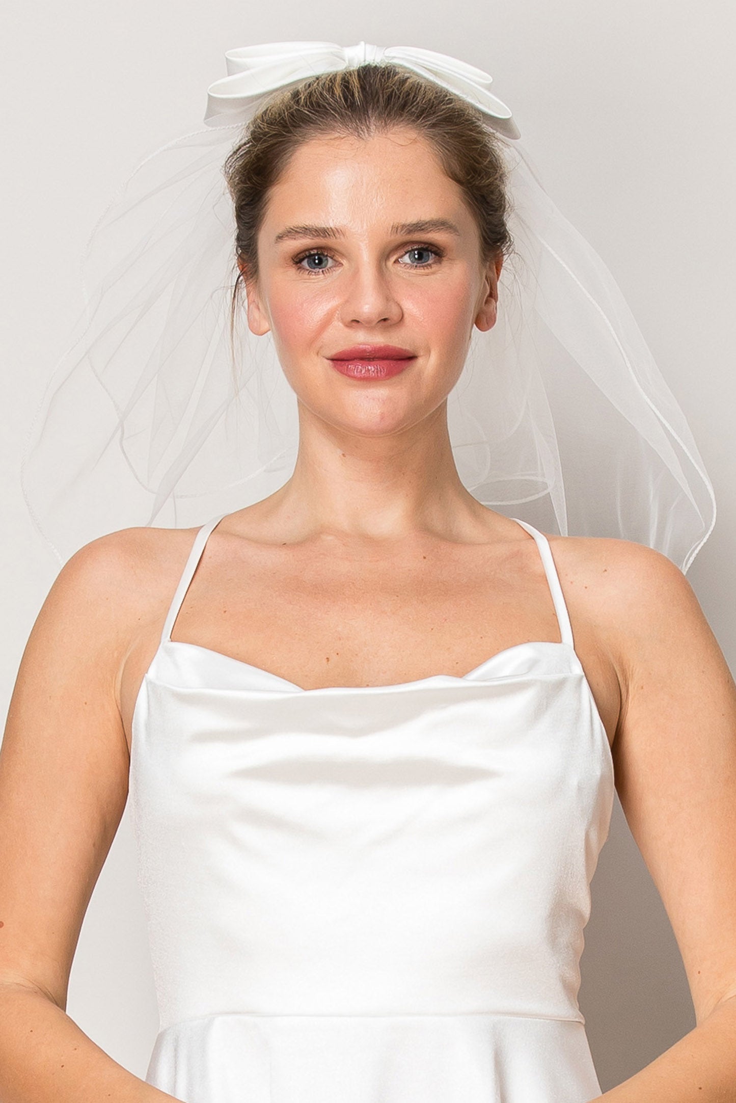 Naomi White Two Layer Shoulder Length Satin Bow Wedding Veil