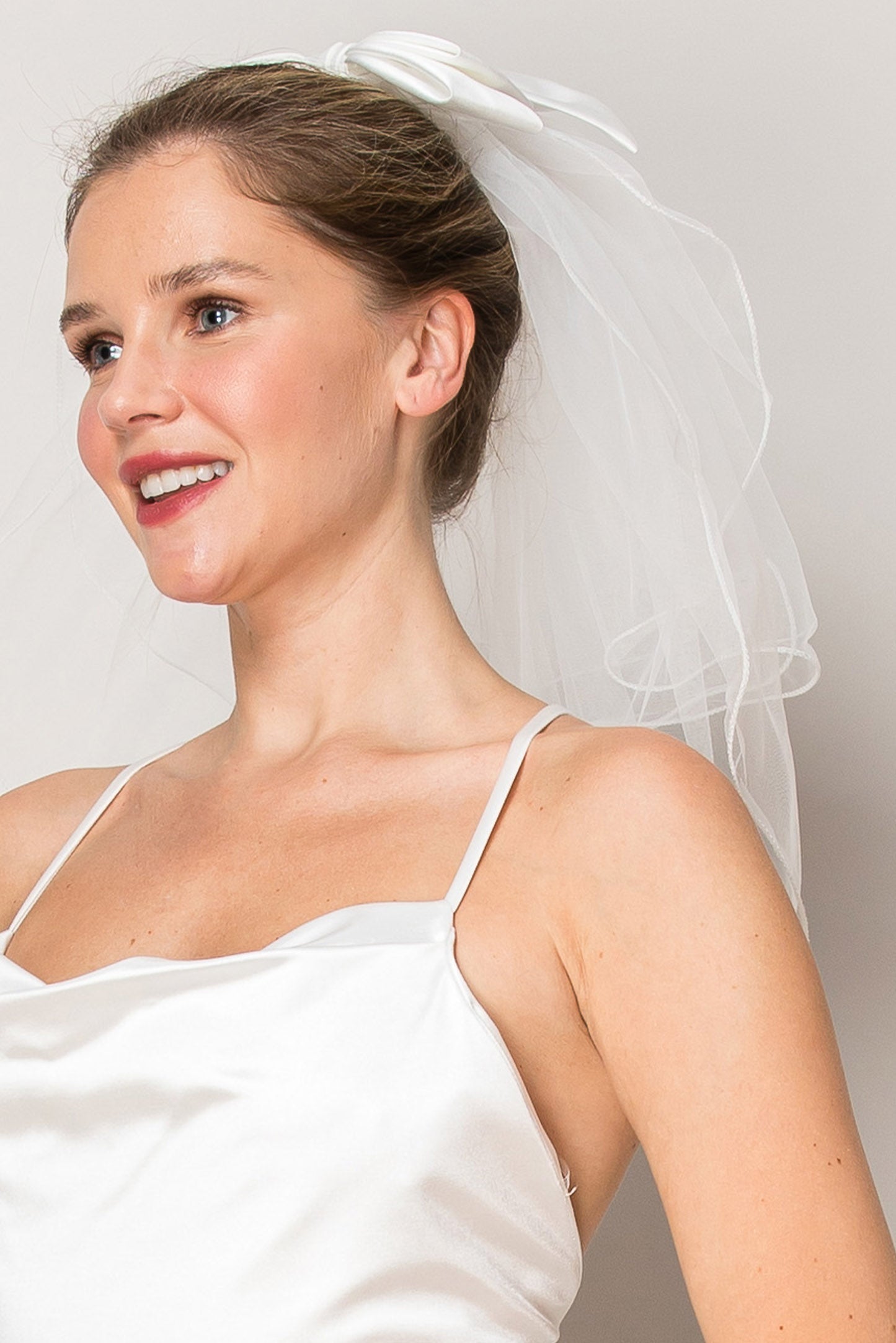 Naomi White Two Layer Shoulder Length Satin Bow Wedding Veil