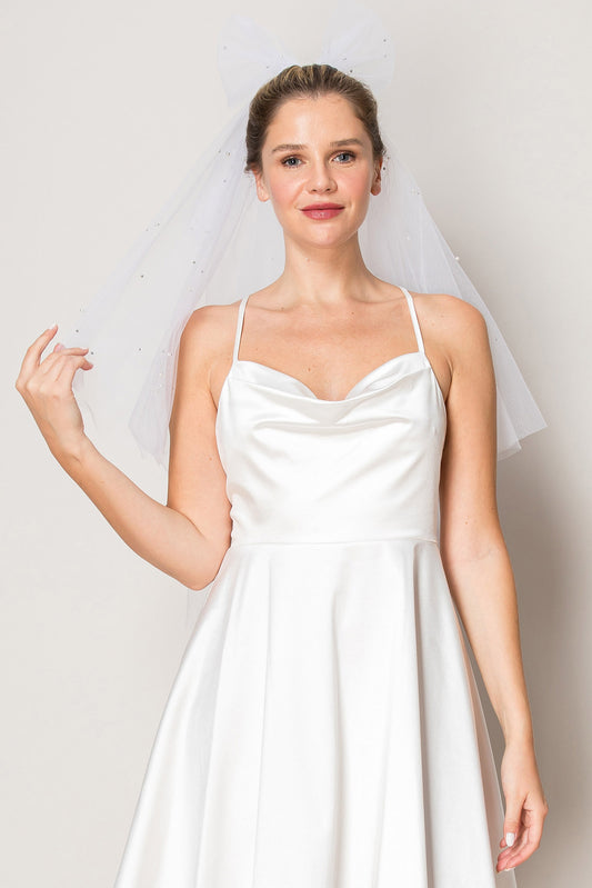 Lily White One Layer Waist Length Bow Wedding Veil