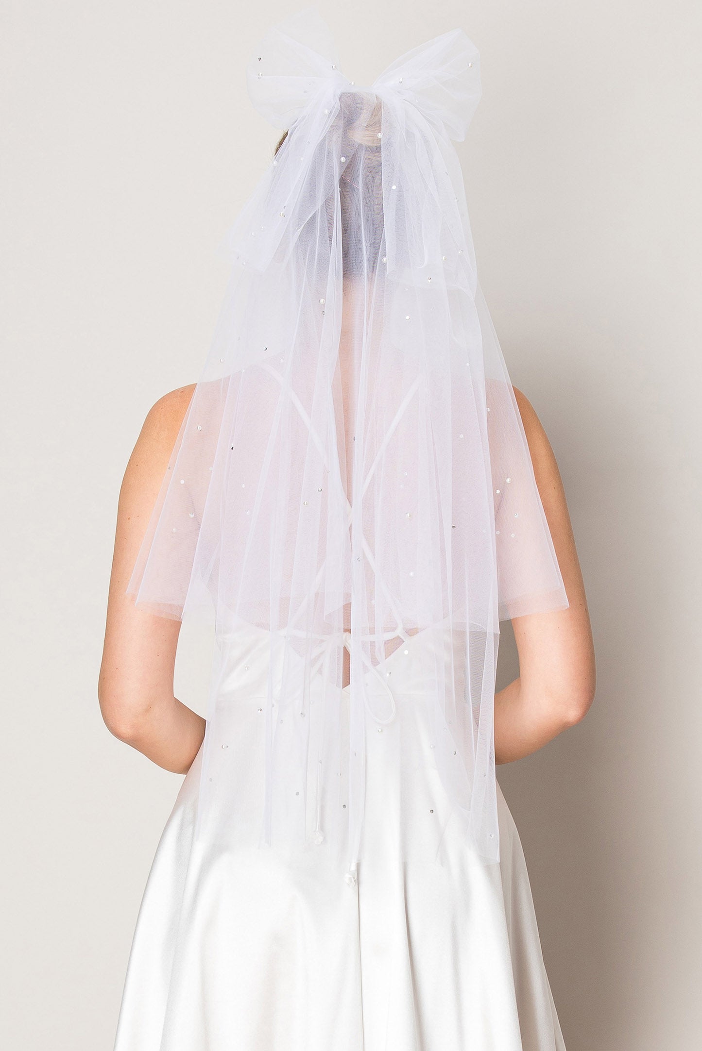 Lily White One Layer Waist Length Bow Wedding Veil