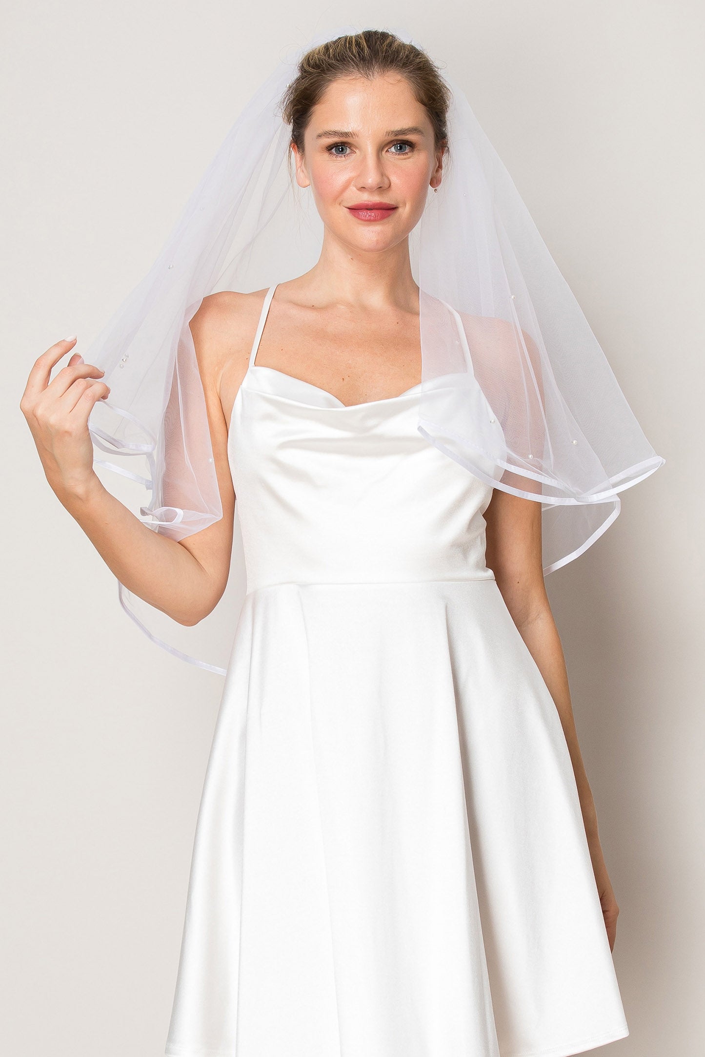 Ruby Pearl Two Layer Waist Length Ribbon Edge Wedding Veil